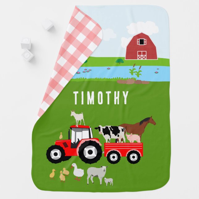 Farm Animals & Red Tractor Barnyard Custom Name Baby Blanket (In Situ)