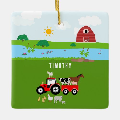 Farm Animals  Red Tractor Barnyard Custom Name  Ceramic Ornament