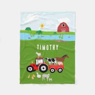 Farm Animals & Red Tractor Barnyard Custom Name Fleece Blanket