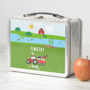 Farm Animals & Red Tractor Barnyard Custom Name  Metal Lunch Box