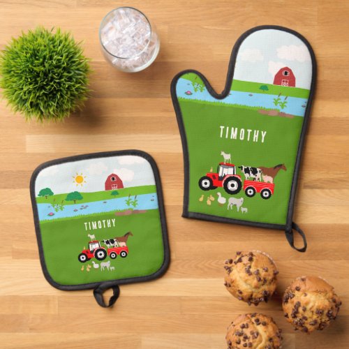 Farm Animals  Red Tractor Barnyard Custom Name Oven Mitt  Pot Holder Set