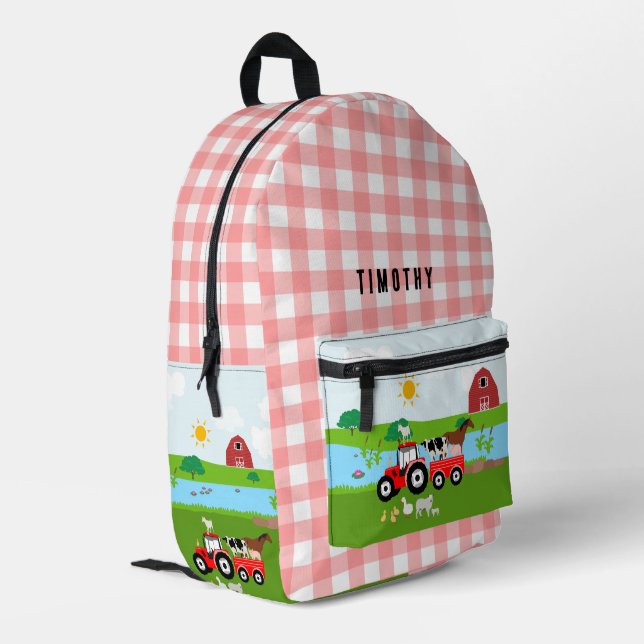 Farm Animals & Red Tractor Barnyard Custom Name Printed Backpack (Back Corner Left)