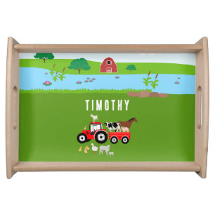 Farm Animals & Red Tractor Barnyard Custom Name  Serving Tray