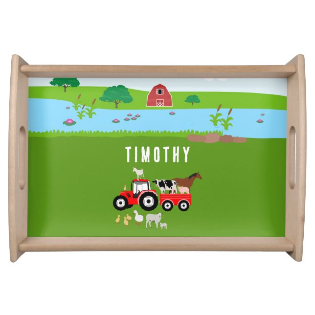 Farm Animals & Red Tractor Barnyard Custom Name  Serving Tray (Front)