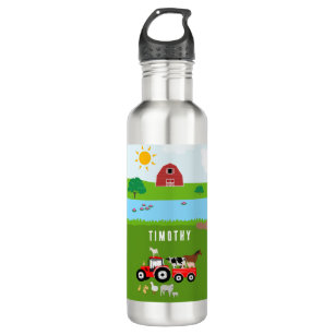 Farm Animals & Red Tractor Barnyard Custom Name  Stainless Steel Water Bottle