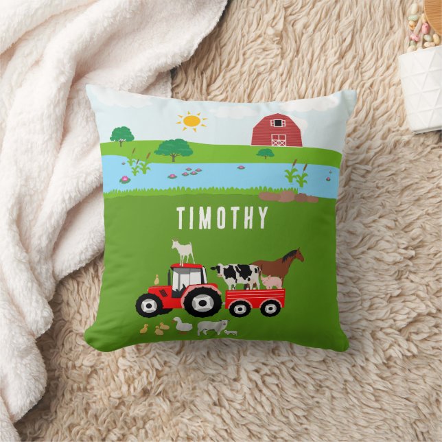 Farm Animals & Red Tractor Barnyard Custom Name Throw Pillow (Blanket)
