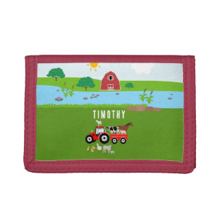 Farm Animals & Red Tractor Barnyard Custom Name  Trifold Wallet