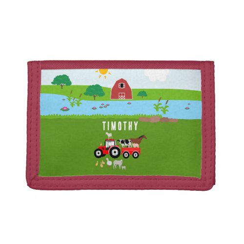 Farm Animals  Red Tractor Barnyard Custom Name  Trifold Wallet