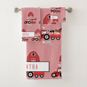 Farm Animals & Red Tractor Barnyard Girls Pattern Bath Towel Set