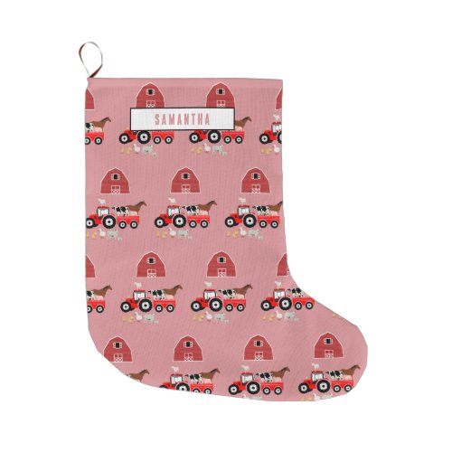 Farm Animals  Red Tractor Barnyard Girls Pattern Large Christmas Stocking