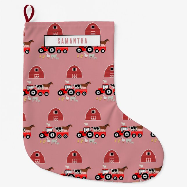 Farm Animals & Red Tractor Barnyard Girls Pattern Large Christmas Stocking (Front)