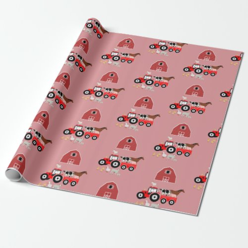Farm Animals  Red Tractor Barnyard Girls Pattern  Wrapping Paper