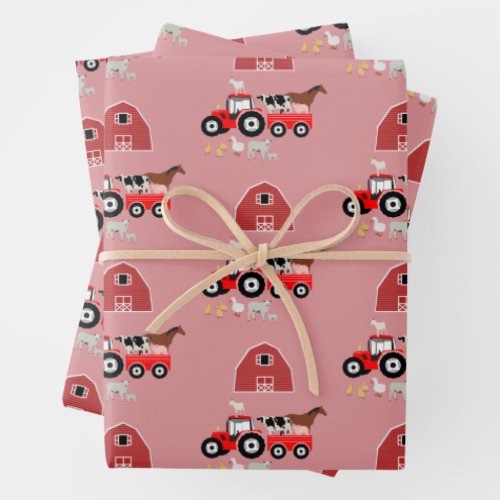 Farm Animals  Red Tractor Barnyard Girls Pattern  Wrapping Paper Sheets