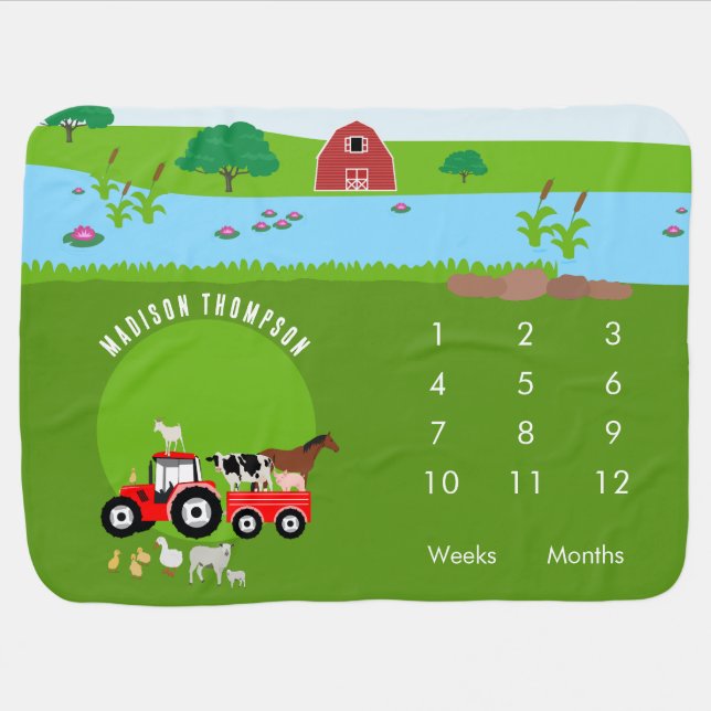 Farm Animals & Red Tractor Barnyard Milestone  Baby Blanket (Horizontal)