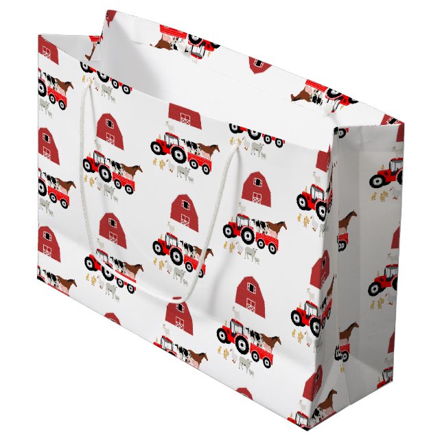 Farm Animals & Red Tractor Barnyard Pattern  Large Gift Bag (Front Angled)