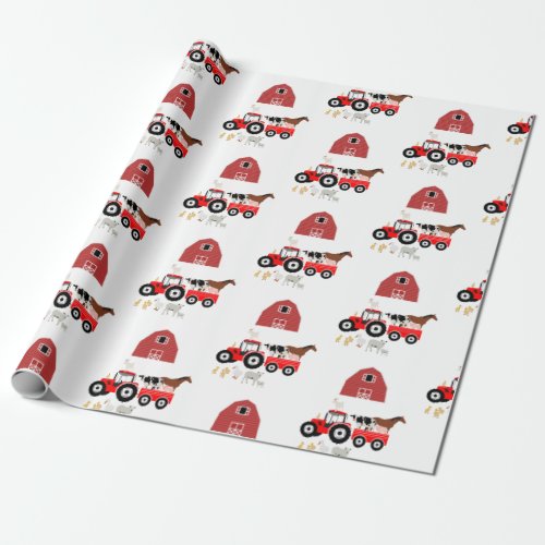 Farm Animals  Red Tractor Barnyard Pattern Wrapping Paper