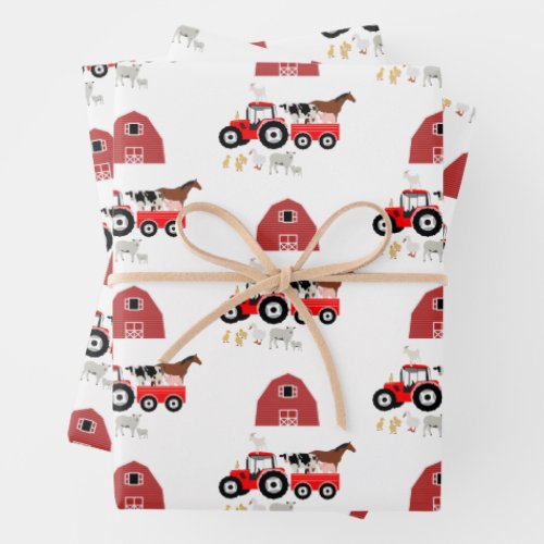 Farm Animals  Red Tractor Barnyard Pattern  Wrapping Paper Sheets