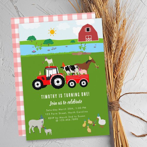 Farm Animals  Red Tractor Birthday Party Theme Invitation