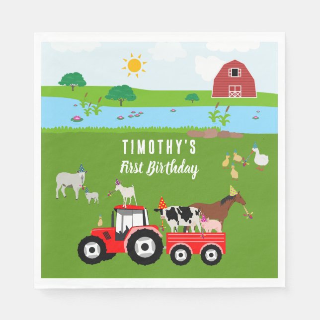 Farm Animals & Red Tractor Birthday Party Theme Napkins (Front)