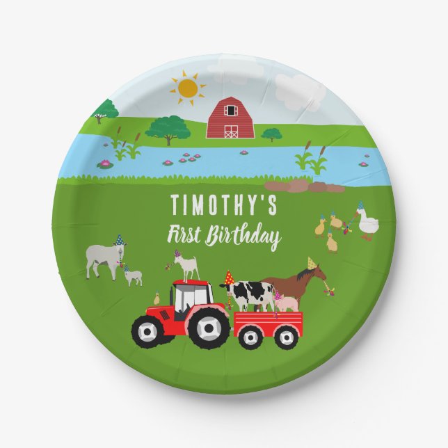 Farm Animals & Red Tractor Birthday Party Theme Paper Plates (Front)