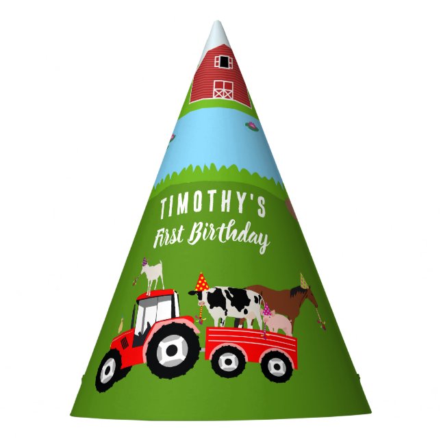 Farm Animals & Red Tractor Birthday Party Theme Party Hat (Front)