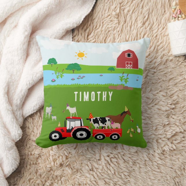 Farm Animals & Red Tractor Birthday Party Theme Throw Pillow (Blanket)