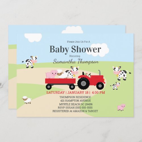 Farm Animals Red Tractor Boys Baby Shower Invitation
