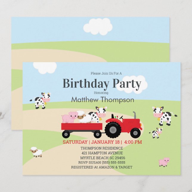 Farm Animals Red Tractor Boys Birthday Party Invitation (Front/Back)