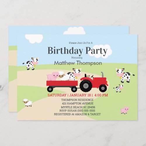 Farm Animals Red Tractor Boys Birthday Party Invitation