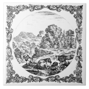 Farm Animals Scene Vintage Delft Black & White Ceramic Tile
