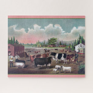 Farm Animals Scene Vintage Picture Jigsaw Puzzle