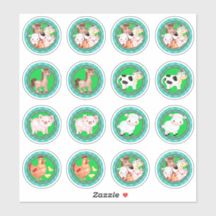 Farm animals set barnyard gingham blue green sticker