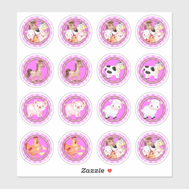 Farm animals set barnyard gingham light pink pink sticker (Sheet)