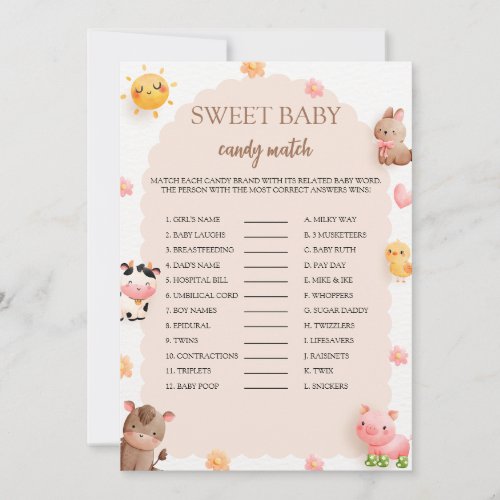 Farm Animals Sweet Baby Candy Match Game Card 