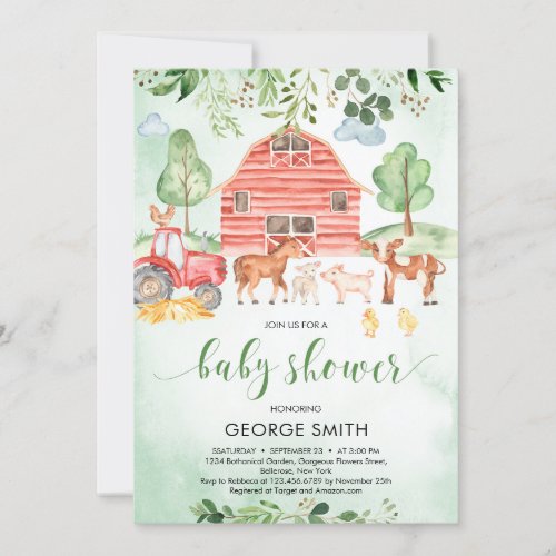 Farm animals theme greenery leaves Boy Baby Shower Invitation