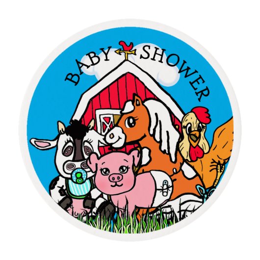 Farm Animals Themed Baby Shower Cupcake Edible Frosting Rounds (Front)