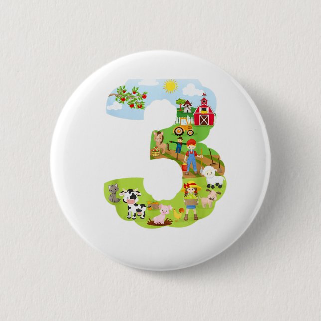 Farm Animals third birthday Party theme number thr Button (Front)