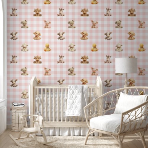 Farm Animals Toys Pink Plaid Baby Girl Nursery  Wallpaper