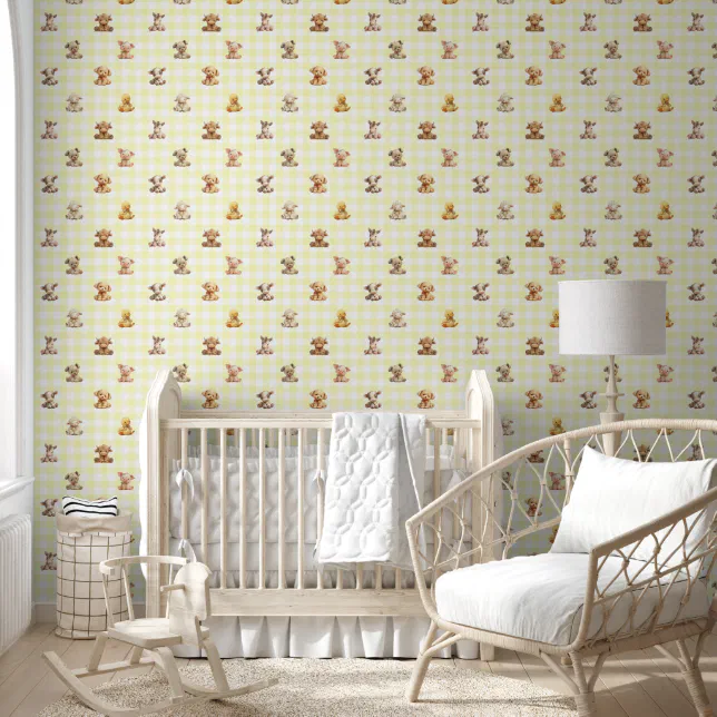 Farm Animals Toys Yellow Plaid Baby Nursery Wallpaper | Zazzle