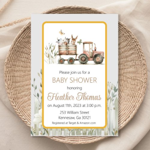 Farm Animals Tractor Baby Shower Invitation