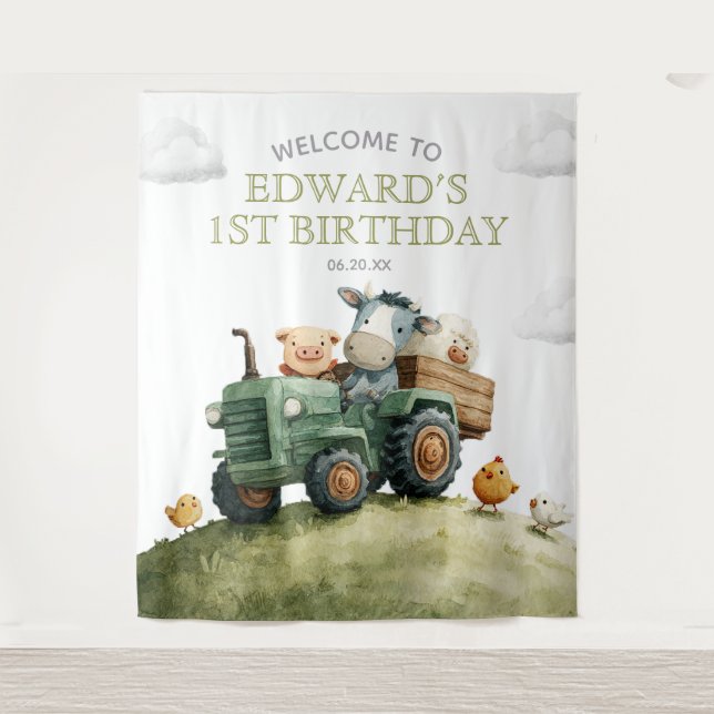 Farm Animals Tractor Birthday Photo Backdrop (Front)