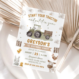 Farm Animals Tractor Kids 1st Birthday Invitation
