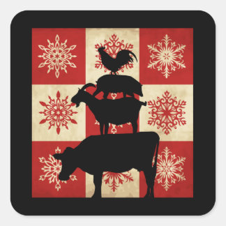 Farm Animals Vintage Country Snowflake Winter Square Sticker