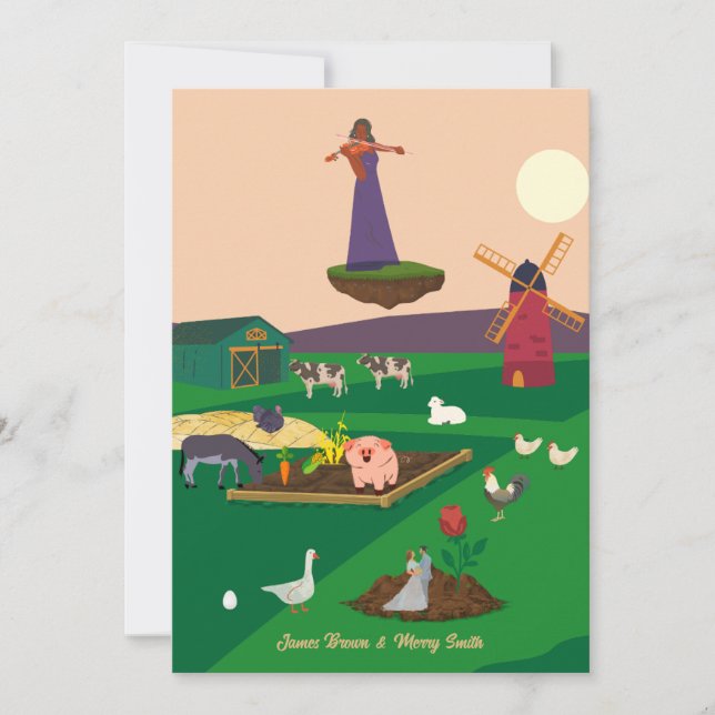 Farm Animals Violin Rose Couple Goose Wedding  Invitation (Front)