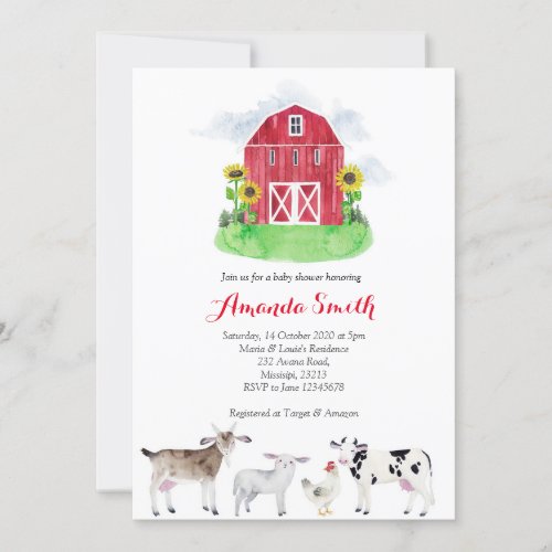 FARM ANIMALS watercolor Baby Shower Invitation