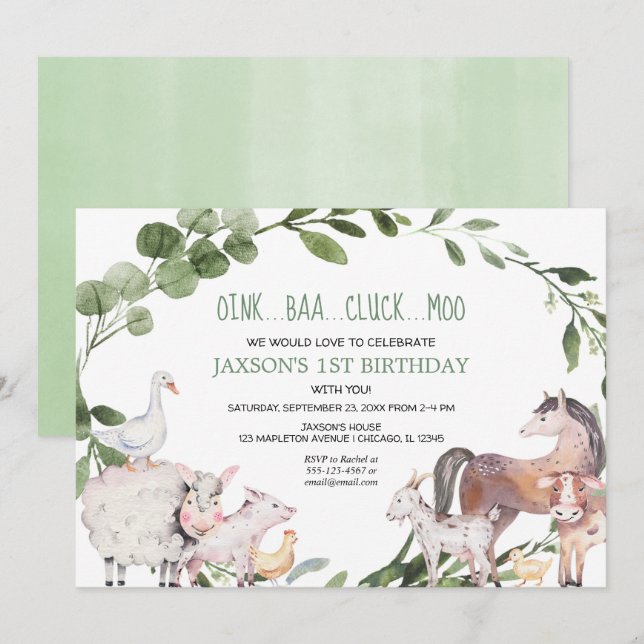 Farm animals watercolor barnyard boy birthday invitation (Front/Back)