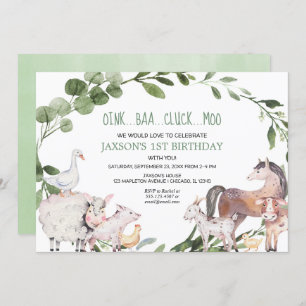 Farm animals watercolor barnyard boy birthday invitation