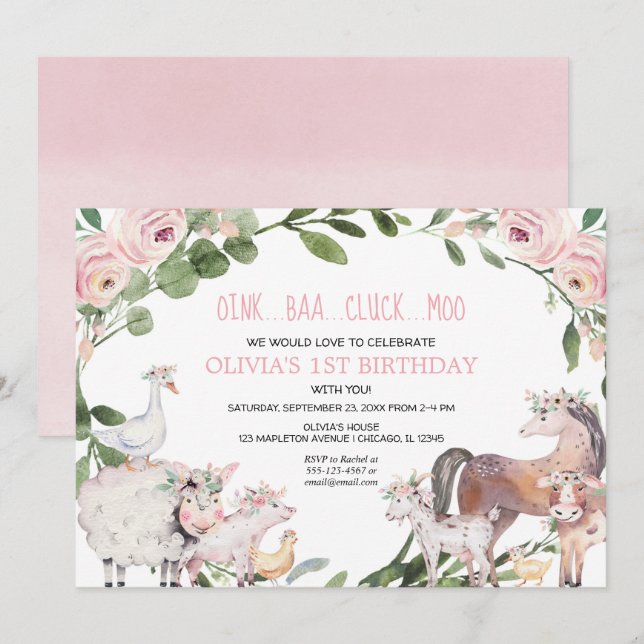 Farm animals watercolor barnyard girl birthday invitation (Front/Back)