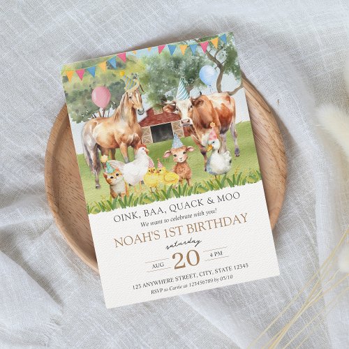 Farm Animals Watercolor Birthday Party Invitation