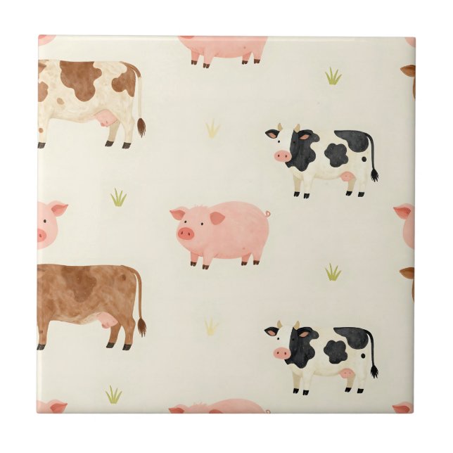 Farm Animals Watercolor Cute Pattern Ceramic Tile (Front)